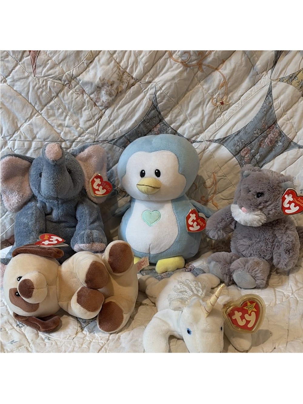 5pc Ty Plush Toy Lot - Kit Grey Cat, Bumpkin Dog, Twinkles, Winks, Mystic